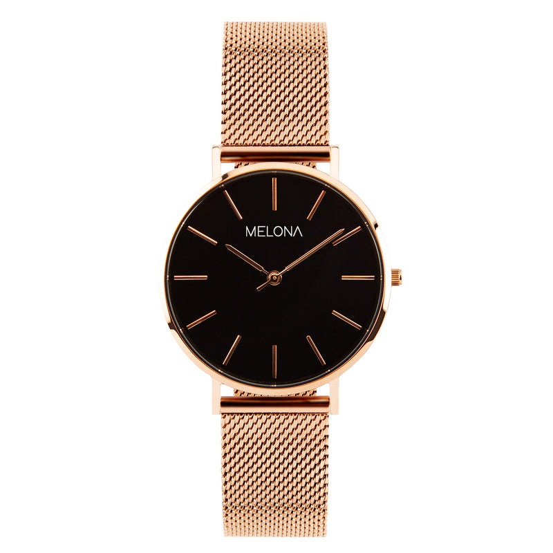 Reloj minimalista de mujer con correa de malla oro rosa y esfera negra de la marca de joyería española Melona. Colección Alma Mesh