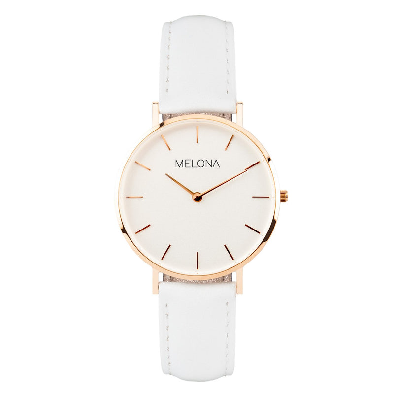 Reloj minimalista blanco de mujer con correa de cuero genuino y detalles dorados de la marca de relojes española Melona de colección Mandala Touch