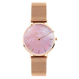 Reloj elegante de mujer con correa de malla oro rosa y esfera nácar rosa de la marca de joyería española Melona