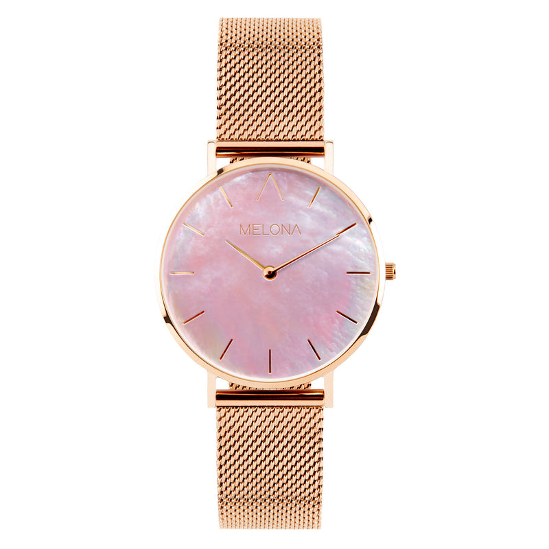 Reloj elegante de mujer con correa de malla oro rosa y esfera nácar rosa de la marca de joyería española Melona