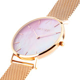 Reloj elegante de mujer con correa de malla oro rosa y esfera nácar rosa de la marca de joyería española Melona