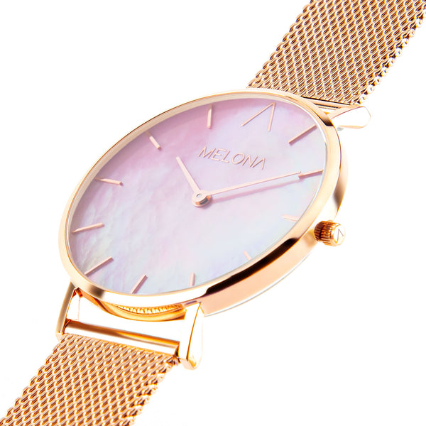 Reloj elegante de mujer con correa de malla oro rosa y esfera nácar rosa de la marca de joyería española Melona