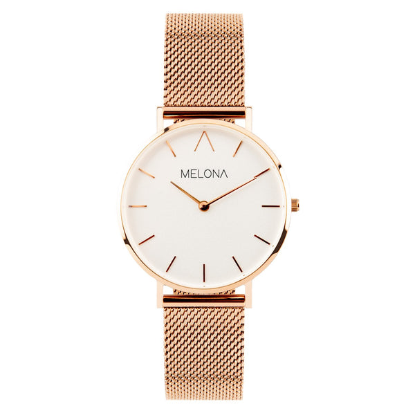 Reloj minimalista de mujer con correa de malla oro rosa y esfera blanca de la marca de joyería española Melona